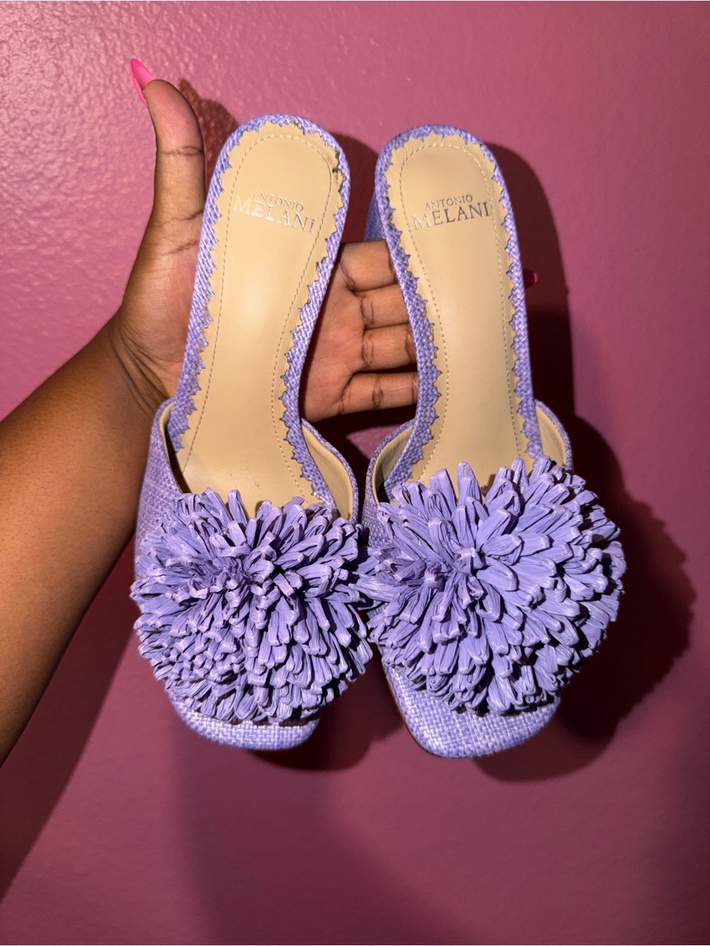 Antonio Melani Lilac Floral Pom Mule Sandals